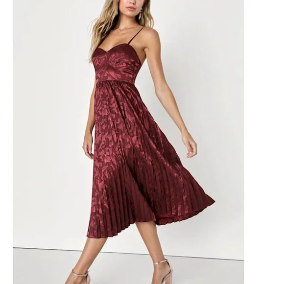 Lulus Chic Sensibility Burgundy Satin Jacquard Pleated Midi Dress Size XL New - Picture 2 of 12
